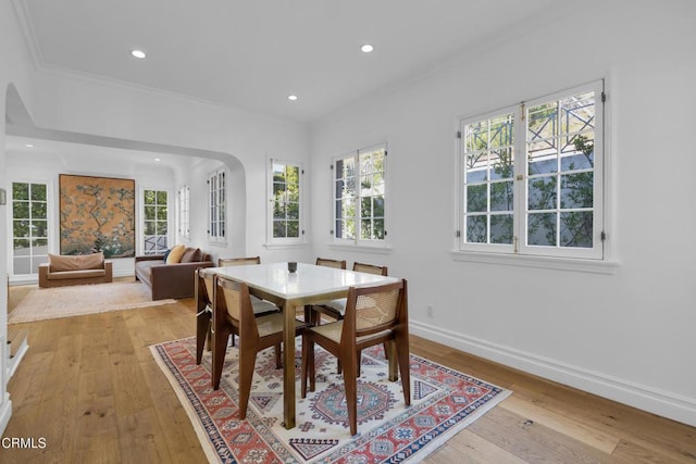 dining room featuring a healthy amount of sunlight, light wood finished floors, baseboards, and arched walkways