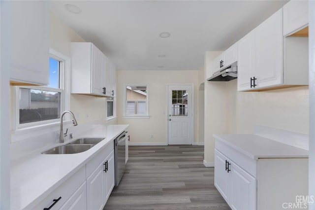 kitchen featuring light countertops, light wood-style flooring, stainless steel dishwasher, white cabinetry, and a sink