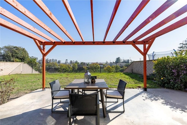 view of patio with outdoor dining area, a fenced backyard, and a pergola