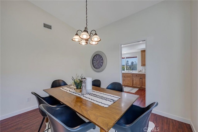 dining room with baseboards, visible vents, a chandelier, and dark wood-type flooring