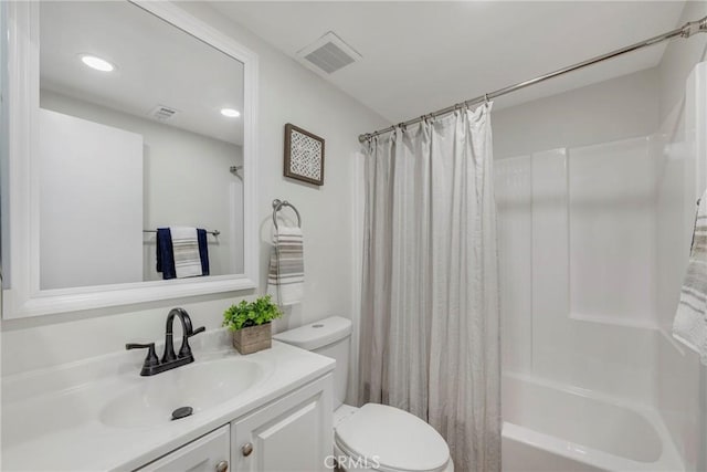 bathroom featuring toilet, recessed lighting, shower / tub combo, vanity, and visible vents