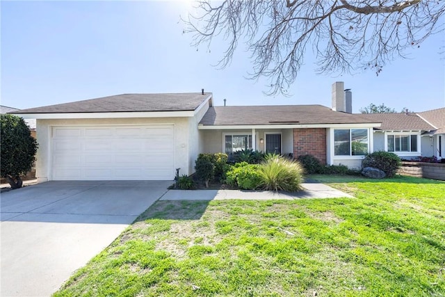 ranch-style home featuring a garage, concrete driveway, stucco siding, a front lawn, and a chimney