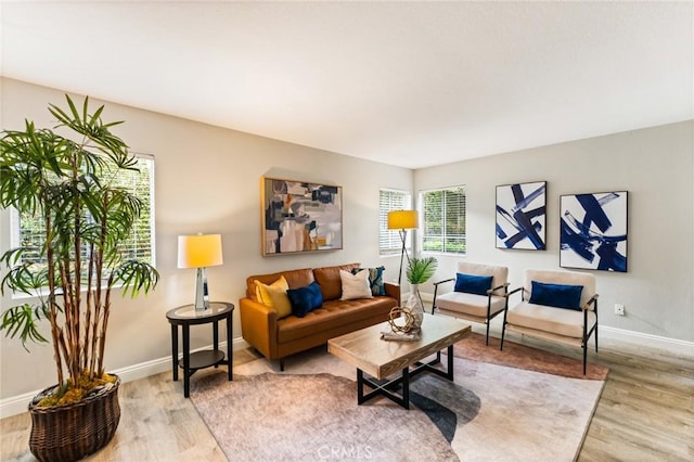 living area featuring baseboards and wood finished floors