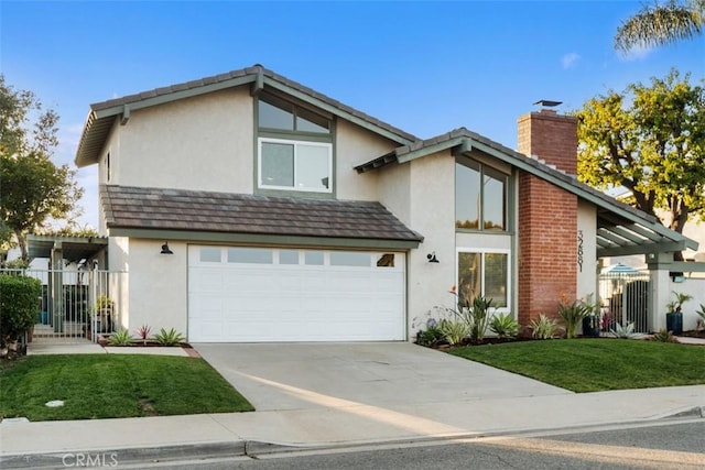 mid-century inspired home with driveway, fence, an attached garage, and stucco siding