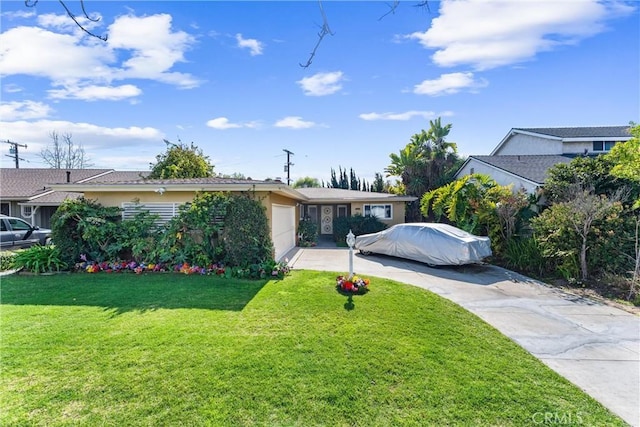 ranch-style house with driveway, a front lawn, an attached garage, and stucco siding