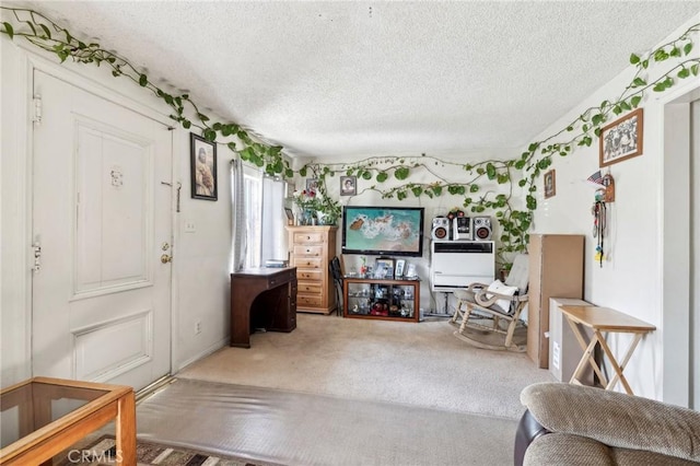 living area with a textured ceiling and carpet flooring