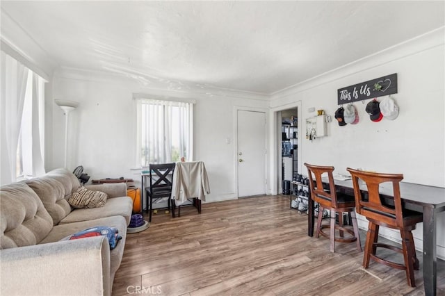 living area featuring crown molding and wood finished floors