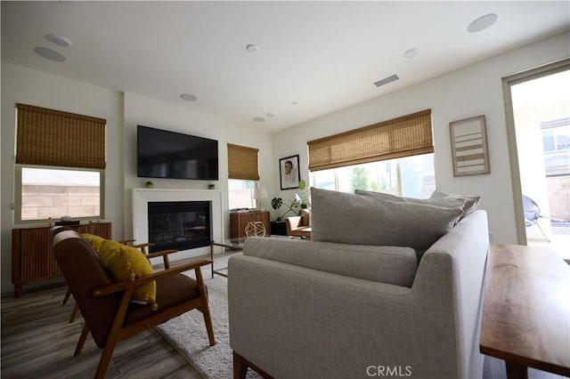 living area featuring wood finished floors, a glass covered fireplace, and visible vents