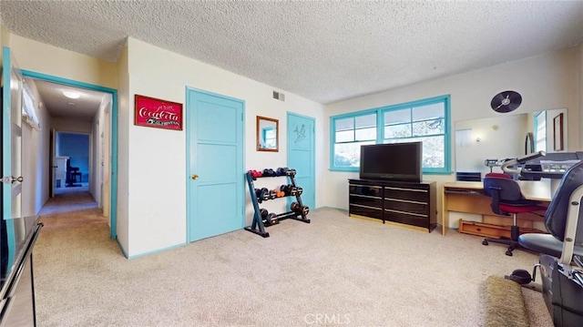 office space featuring carpet, visible vents, and a textured ceiling