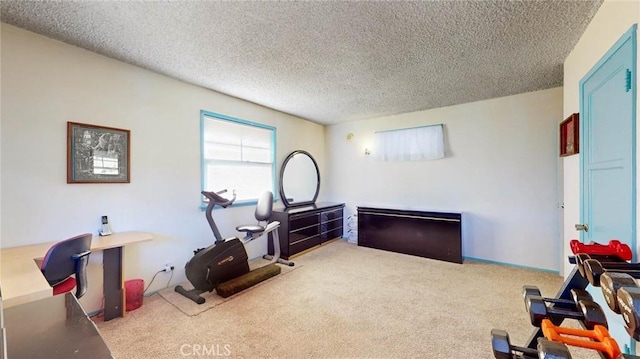 interior space featuring light carpet and a textured ceiling