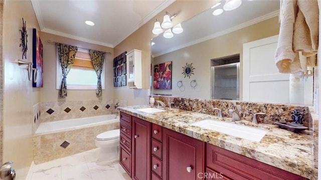 full bath featuring ornamental molding, a garden tub, a sink, and double vanity