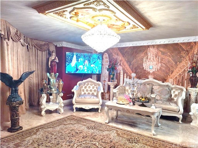 sitting room featuring crown molding and an inviting chandelier