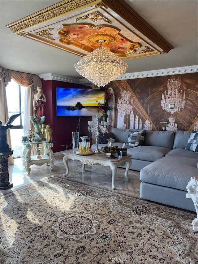 living room with baseboards and a raised ceiling