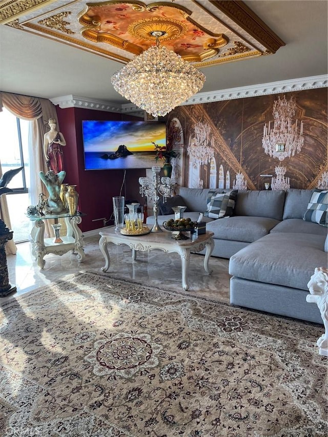 living room with a tray ceiling, crown molding, and baseboards