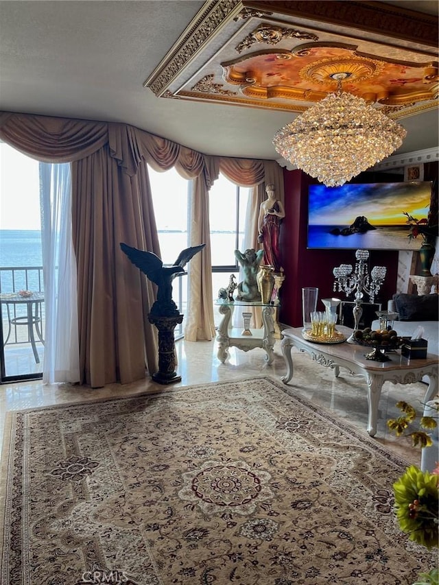 details featuring a water view and a chandelier