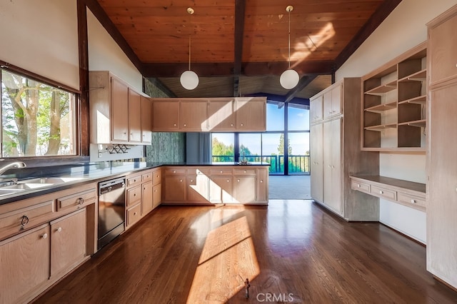 kitchen with dark countertops, light brown cabinets, dishwasher, and hanging light fixtures