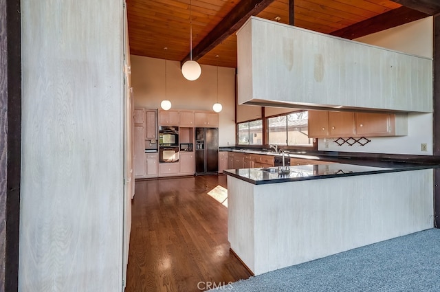 kitchen with beam ceiling, decorative light fixtures, dark countertops, wooden ceiling, and black appliances