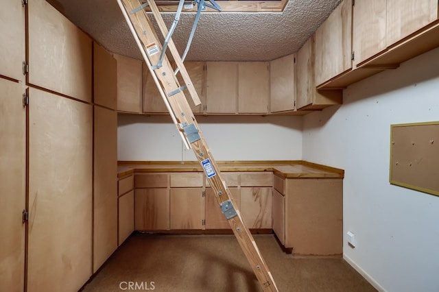 kitchen featuring light brown cabinets, light countertops, and a textured ceiling