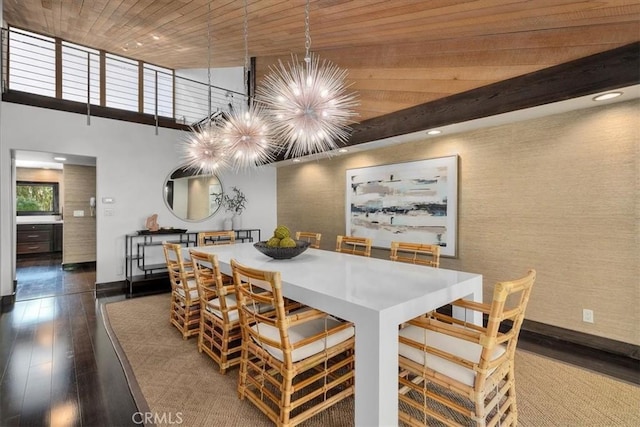 dining area featuring a chandelier, wooden ceiling, wood finished floors, and baseboards