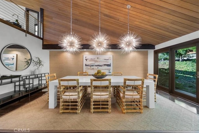 dining room with a chandelier, high vaulted ceiling, and wood ceiling