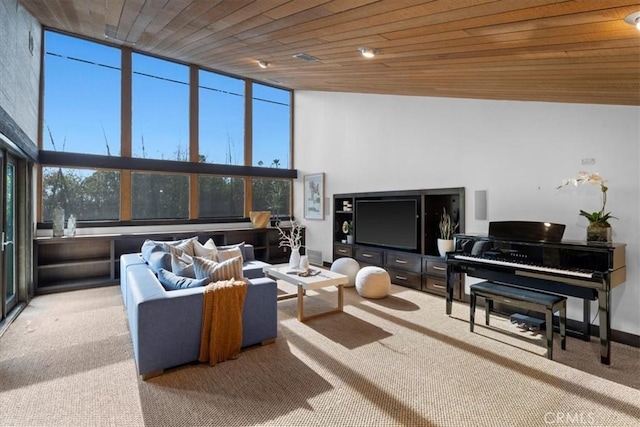 living area featuring light carpet, wood ceiling, a wall of windows, and a wealth of natural light