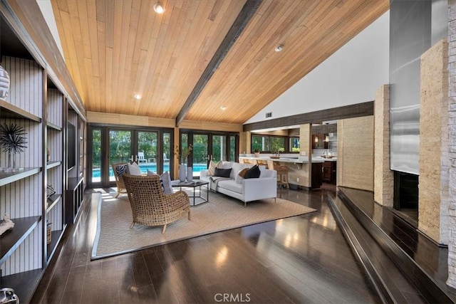 living area featuring wood ceiling, high vaulted ceiling, dark wood finished floors, and french doors