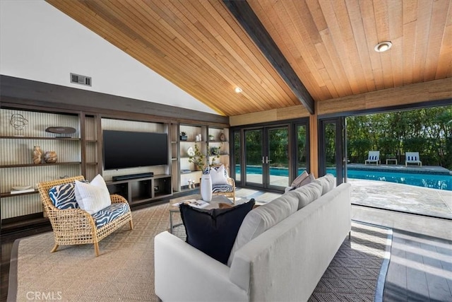 living room with high vaulted ceiling, recessed lighting, wood ceiling, visible vents, and beamed ceiling