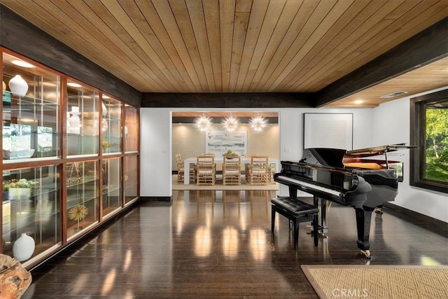 sitting room featuring wooden ceiling, dark wood-style flooring, visible vents, baseboards, and beam ceiling