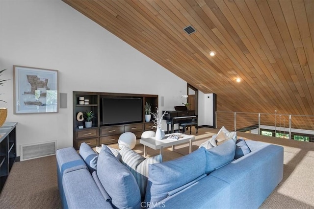 carpeted living room with recessed lighting, wooden ceiling, visible vents, and vaulted ceiling