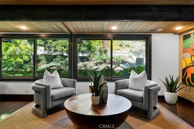 sunroom / solarium featuring wood ceiling, beamed ceiling, and visible vents