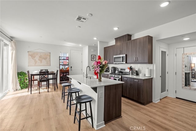 kitchen with a breakfast bar, visible vents, light countertops, appliances with stainless steel finishes, and an island with sink