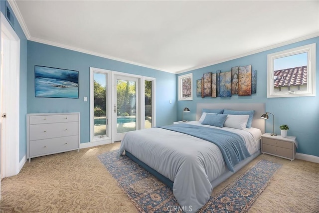 bedroom featuring access to outside, baseboards, crown molding, and light colored carpet