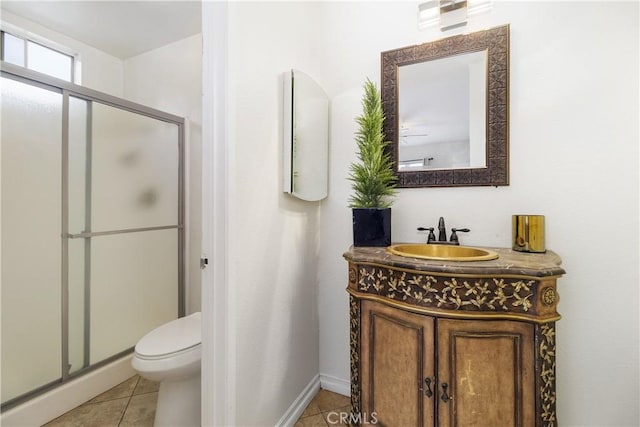 bathroom with tile patterned flooring, a shower stall, vanity, and toilet