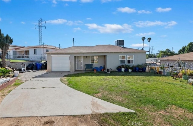 single story home with driveway, a garage, central air condition unit, a front lawn, and stucco siding