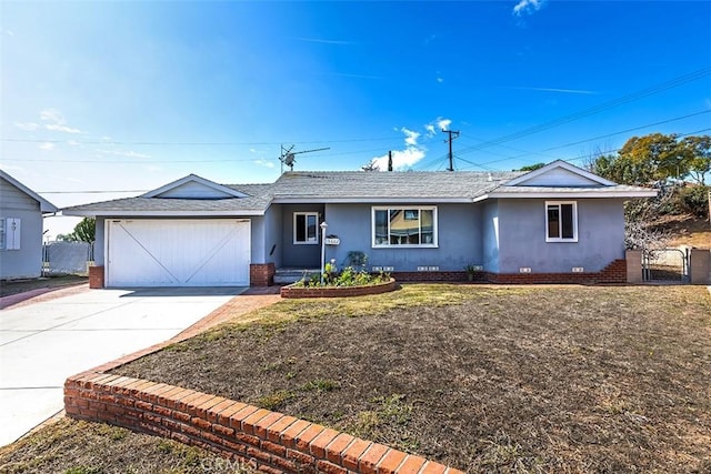 single story home with roof with shingles, stucco siding, an attached garage, crawl space, and driveway