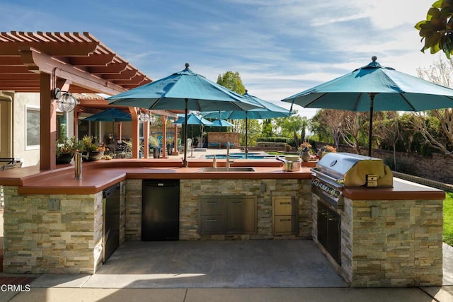 view of patio featuring area for grilling, an outdoor kitchen, a fenced in pool, and a pergola