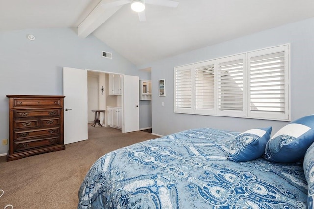 bedroom with vaulted ceiling with beams, ceiling fan, light carpet, and visible vents