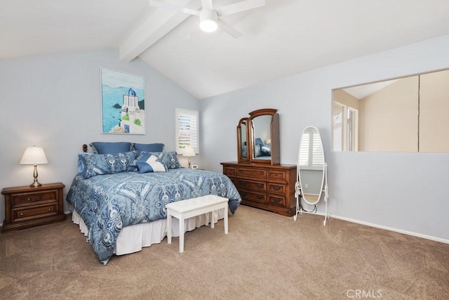 carpeted bedroom featuring a ceiling fan, vaulted ceiling with beams, and baseboards