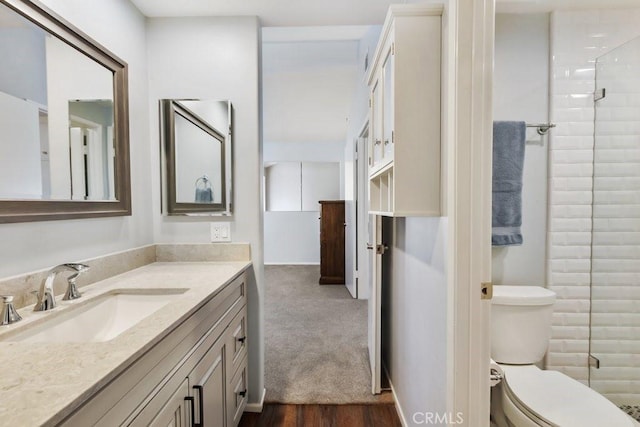 full bathroom featuring a stall shower, vanity, and toilet