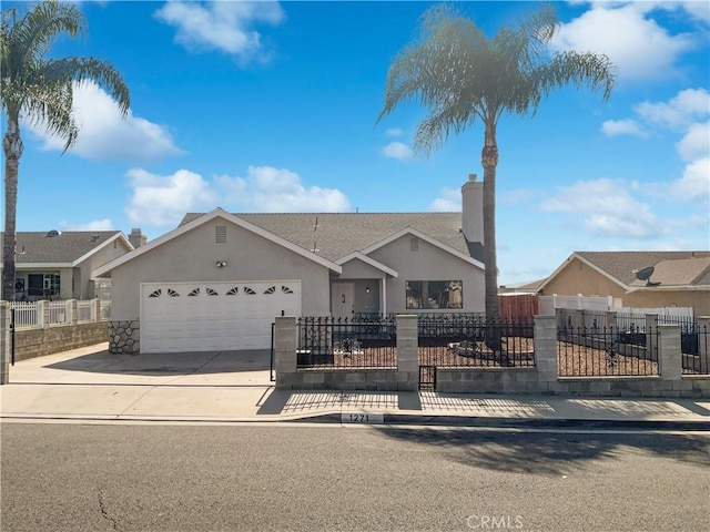 view of front of property featuring driveway, a fenced front yard, an attached garage, and stucco siding