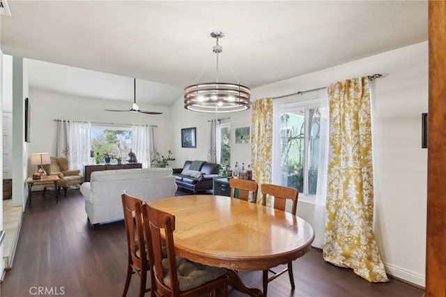 5020 Solitude Ct, Rancho Cucamonga, CA 91737 - dining area featuring dark wood-style floors, a chandelier, ceiling fan, and lofted ceiling