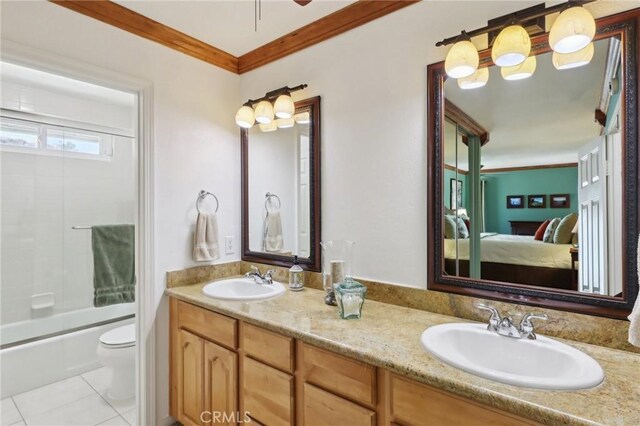 5020 Solitude Ct, Rancho Cucamonga, CA 91737 - bathroom featuring ornamental molding, double vanity, ensuite bathroom, toilet, and tile patterned floors