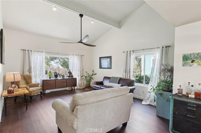 5020 Solitude Ct, Rancho Cucamonga, CA 91737 - living room featuring beamed ceiling, dark wood-style floors, healthy amount of natural light, high vaulted ceiling, and a ceiling fan