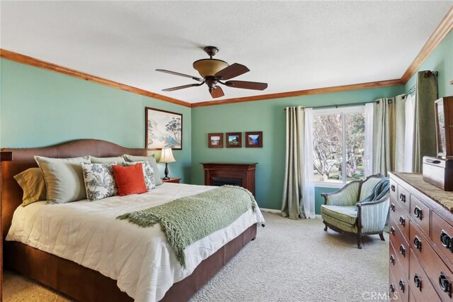 5020 Solitude Ct, Rancho Cucamonga, CA 91737 - bedroom featuring ornamental molding, light carpet, baseboards, and ceiling fan