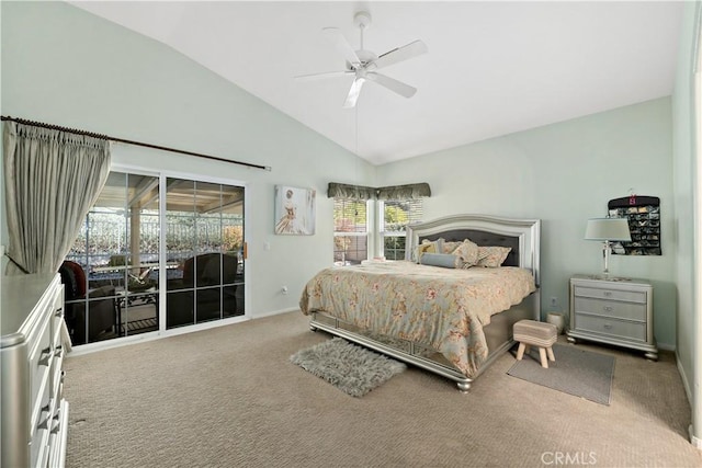 carpeted bedroom featuring high vaulted ceiling, access to outside, baseboards, and ceiling fan