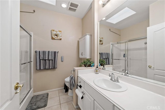 full bath featuring a stall shower, a skylight, visible vents, tile patterned flooring, and vanity