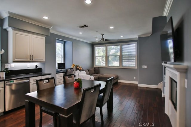 264 Blue Sky Dr, Tustin, CA 92782 - kitchen with dark countertops, baseboards, visible vents, dishwasher, and ornamental molding