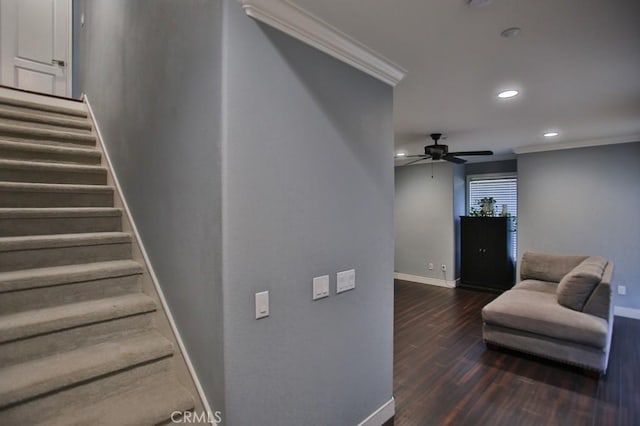 264 Blue Sky Dr, Tustin, CA 92782 - stairway with wood finished floors, baseboards, recessed lighting, and ornamental molding