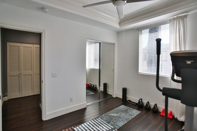 exercise area featuring dark wood-type flooring, a ceiling fan, baseboards, ornamental molding, and a raised ceiling