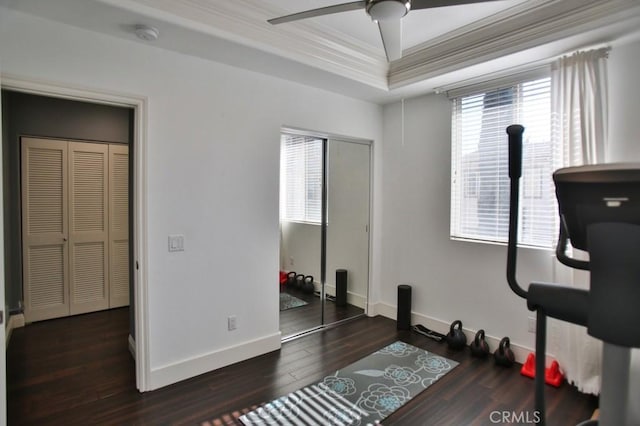 264 Blue Sky Dr, Tustin, CA 92782 - workout area featuring a healthy amount of sunlight, crown molding, baseboards, and ceiling fan